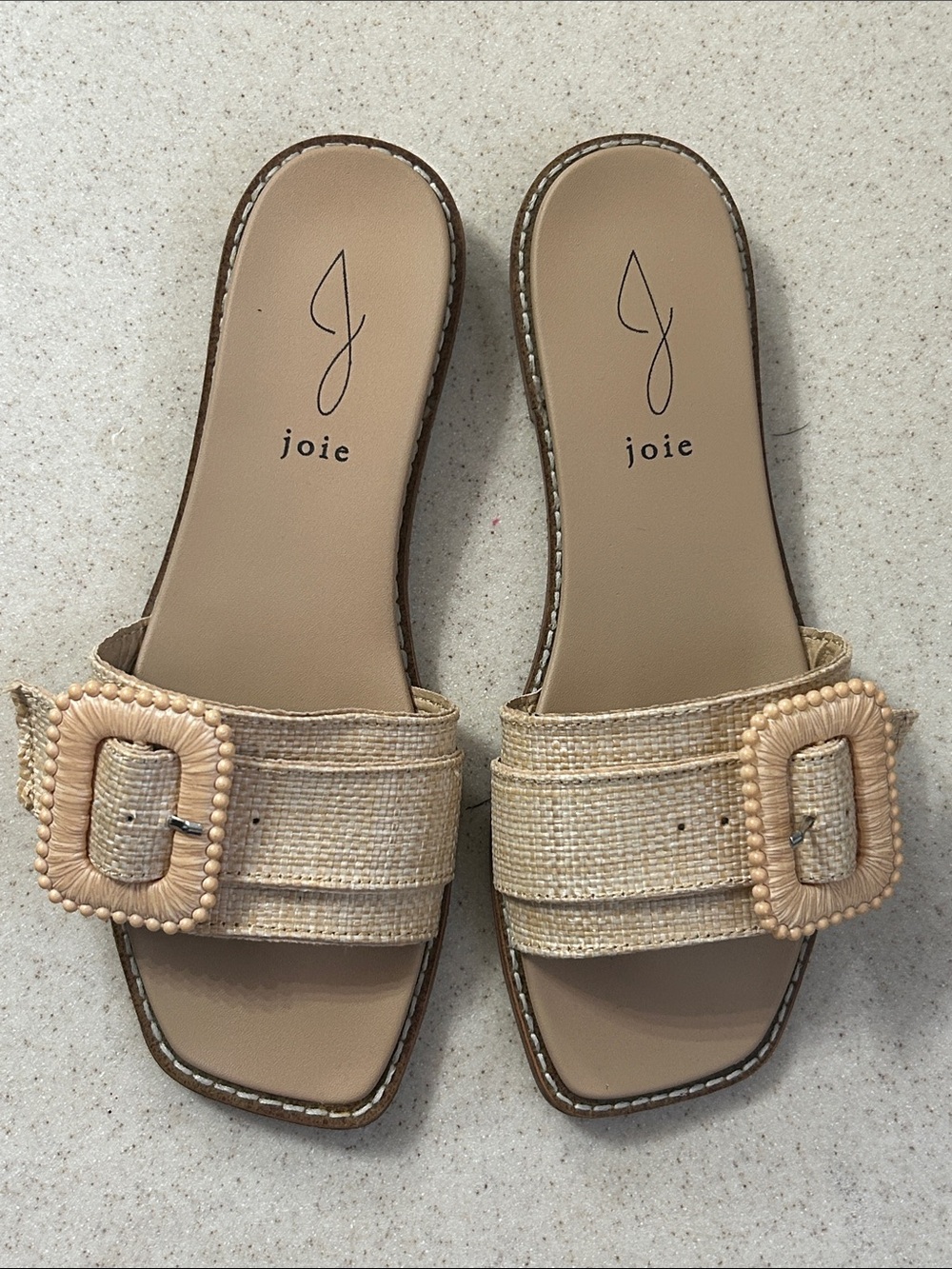 Joie Natural Raffia Buckle Slide Sandals